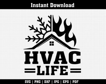 Może przedstawiać: Czarno-biały projekt HVAC Life. Grafika przedstawia sylwetkę domu z płatkiem śniegu i płomieniem, reprezentującym ogrzewanie i chłodzenie. Tekst "HVAC LIFE" jest wyśrodkowany poniżej.