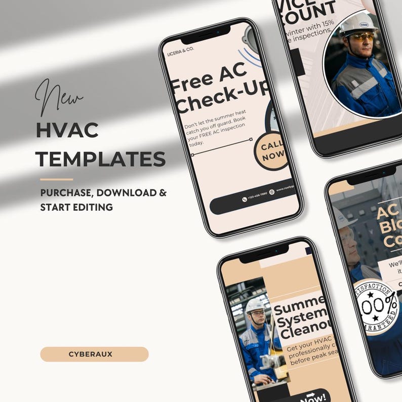 Puede incluir: Imagen promocional para servicios de climatizaci&oacute;n, con varios smartphones que muestran plantillas para revisiones de aire acondicionado, limpieza de sistemas e inspecciones de invierno. El texto incluye "New HVAC TEMPLATES".