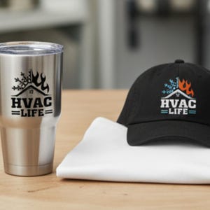 May include: A stainless steel tumbler and a black baseball cap with the text "HVAC LIFE". The tumbler and cap feature a graphic of a house, flames, and a snowflake design.