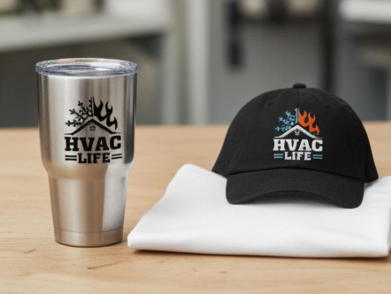 May include: A stainless steel tumbler and a black baseball cap with the text "HVAC LIFE". The tumbler and cap feature a graphic of a house, flames, and a snowflake design.