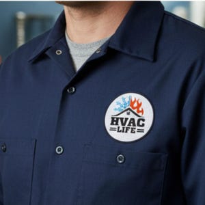 May include: Navy blue work shirt with a button-down collar and two chest pockets. The shirt features a circular patch with the text "HVAC LIFE" and a graphic of a house, flames, and snowflakes.