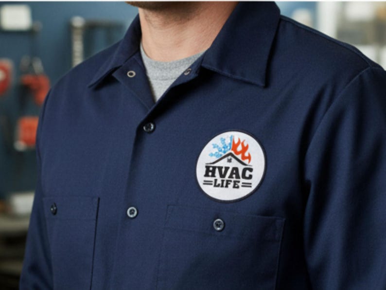 May include: Navy blue work shirt with a button-down collar and two chest pockets. The shirt features a circular patch with the text "HVAC LIFE" and a graphic of a house, flames, and snowflakes.