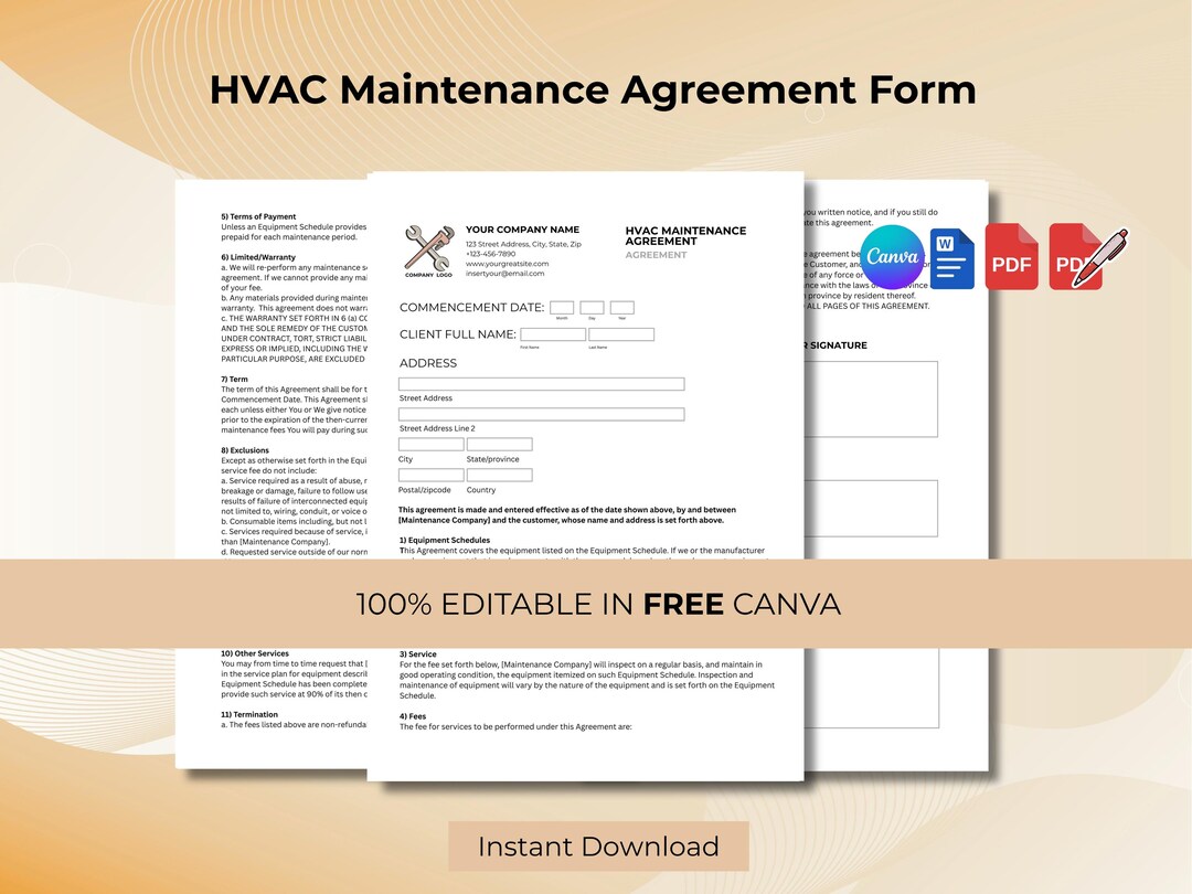 HVAC Maintenance Agreement Template – Editable Form (canva, Word, PDF ...