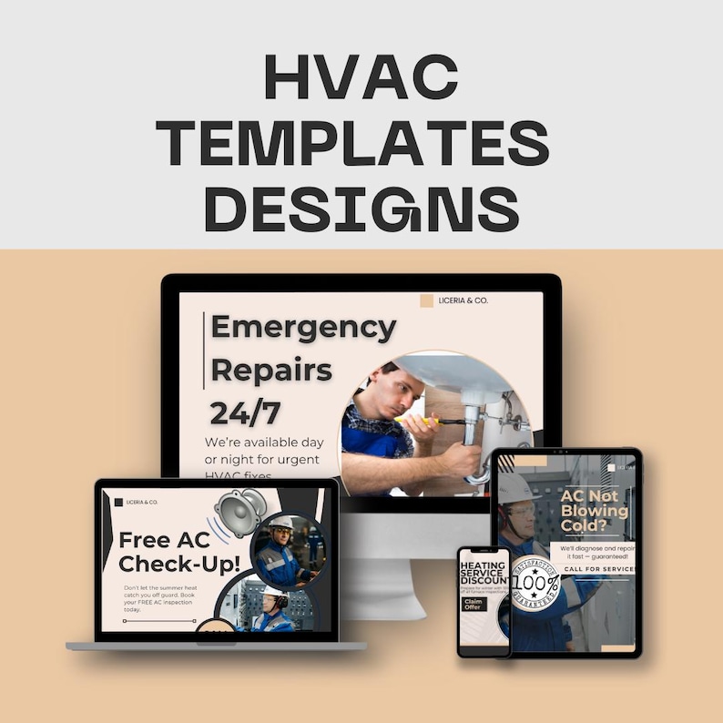 Puede incluir: Un anuncio de servicios de climatizaci&oacute;n, con el texto "HVAC TEMPLATES DESIGNS" en la parte superior. La imagen muestra una computadora de escritorio, una computadora port&aacute;til, una tableta y un tel&eacute;fono inteligente que muestran promociones de servicios, incluyendo "Emergency Repairs 24/7" y "Free AC Check-Up!"