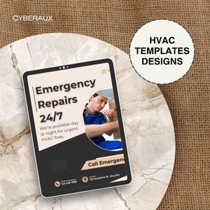 Puede incluir: Una tableta digital muestra un anuncio de reparaciones de HVAC de emergencia, disponible las 24 horas, los 7 d&iacute;as de la semana. El anuncio presenta a un t&eacute;cnico e informaci&oacute;n de contacto. Un gr&aacute;fico circular dice "HVAC TEMPLATES DESIGNS."
