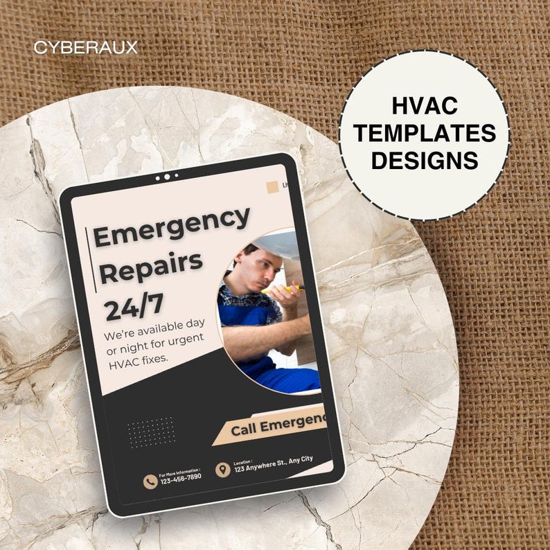 Puede incluir: Una tableta digital muestra un anuncio de reparaciones de HVAC de emergencia, disponible las 24 horas, los 7 d&iacute;as de la semana. El anuncio presenta a un t&eacute;cnico e informaci&oacute;n de contacto. Un gr&aacute;fico circular dice "HVAC TEMPLATES DESIGNS."