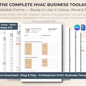 Può includere: Una raccolta di modelli aziendali HVAC, inclusi moduli per l'acquisizione clienti, preventivi e liste di controllo dei servizi. Il toolkit è pronto per l'uso nei formati Canva, Word e PDF. L'immagine presenta documenti bianchi con testo e icone.