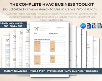 May include: A collection of HVAC business templates, including forms for customer intake, estimates, and service checklists. The toolkit is ready to use in Canva, Word, and PDF formats. The image features a stack of white documents with text and icons.