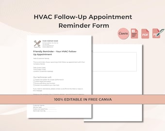 HVAC Follow-Up Appointment Reminder Form — Editable Template | Canva • Word • PDF • Fillable PDF | Client Reminder Sheet