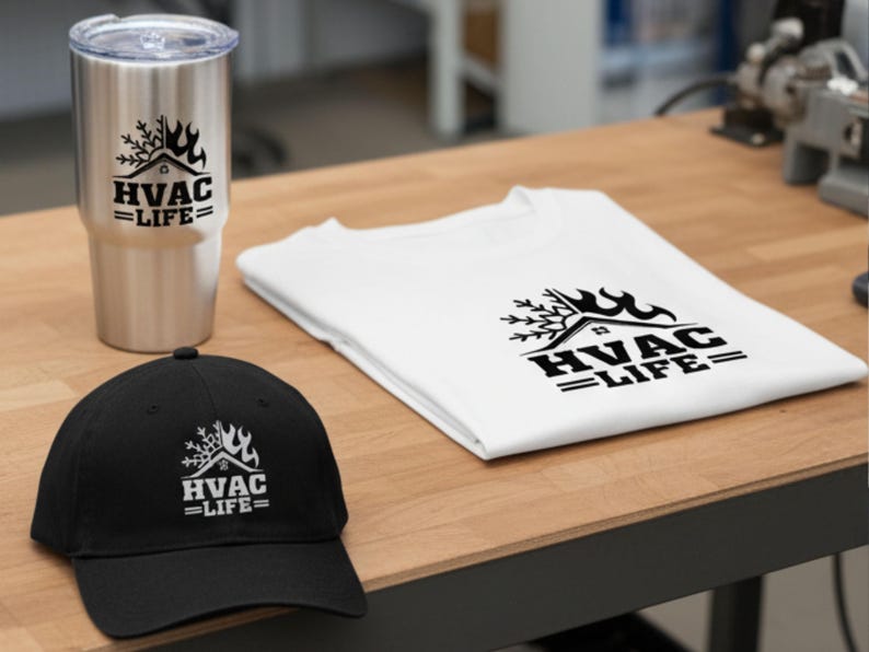 May include: A stainless steel tumbler, a white t-shirt, and a black baseball cap, all with the text "HVAC LIFE" in a black graphic. The tumbler has a lid. The t-shirt is folded. The cap is on a wooden surface.