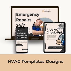 Puede incluir: Un ordenador port&aacute;til, un smartphone y una tableta muestran dise&ntilde;os de plantillas de climatizaci&oacute;n. La pantalla del port&aacute;til muestra "Reparaciones de emergencia 24/7". El smartphone muestra "Oferta especial de temporada: $69 AC Tune-Up". La tableta muestra "&iexcl;Revisi&oacute;n gratuita del aire acondicionado!"