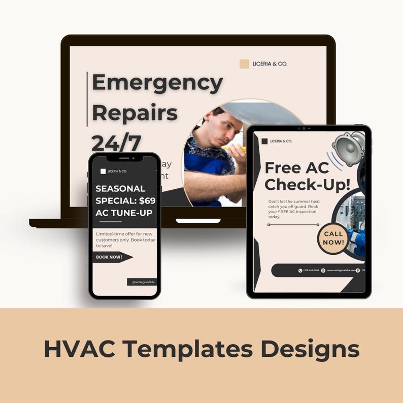 Puede incluir: Un ordenador port&aacute;til, un smartphone y una tableta muestran dise&ntilde;os de plantillas de climatizaci&oacute;n. La pantalla del port&aacute;til muestra "Reparaciones de emergencia 24/7". El smartphone muestra "Oferta especial de temporada: $69 AC Tune-Up". La tableta muestra "&iexcl;Revisi&oacute;n gratuita del aire acondicionado!"