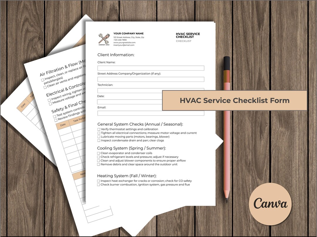 HVAC Service Checklist Form — Editable Template | Canva • Word • PDF ...