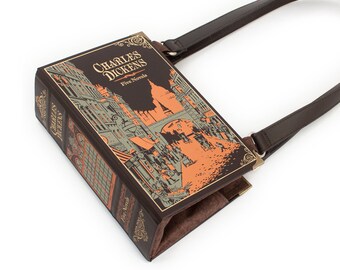 Charles Dickens roman boekentas – echte boekentas – uniek literair accessoire – chique handtas bruin met gouden accenten – leesgrage cadeau – OOAC