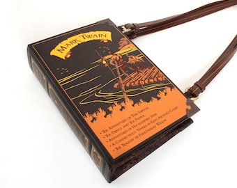 Mark Twain roman boekentas – echte boekentas – uniek literair accessoire – chique handtas bruin met gouden accenten – uniek leesgrage cadeau