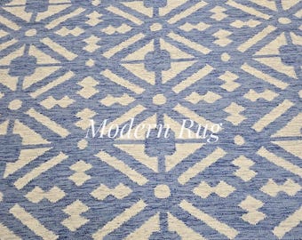 Blue White Wool Rug: Scandinavian Kilim Flatweave Area Rug 9x12