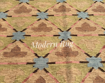 Scandinavian Flatweave Wool Rug: 5x7 Geometric Design Nordic Rug- Neutral Minimalist Home Decor