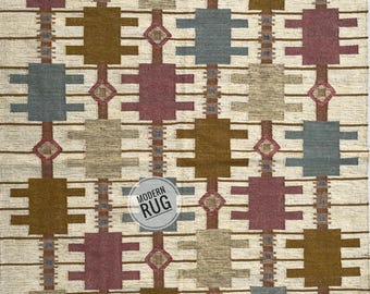 Könnte beinhalten: Rechteckiger Teppich mit einem sich wiederholenden geometrischen Muster in Beige-, Braun-, Grau- und Burgundertönen. Das Design zeigt stilisierte Formen und Diamantakzente. Der Teppich trägt den Text "MODERN RUG".