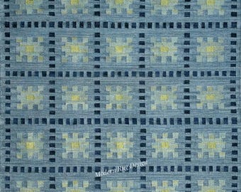 Alfombra Kilim de lana azul tejida a mano: tejido plano minimalista geométrico escandinavo - Alfombra nórdica moderna
