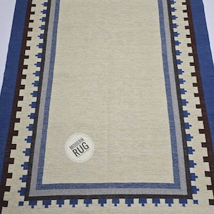 Blue Rug 8x10 Scandinavian Wool Rug: Modern Flatweave Kilim Style Customize in all Size