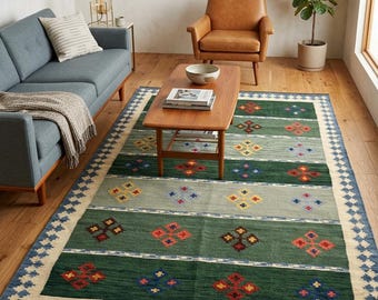 Handwoven Wool Kilim Rug: Scandinavian Green Dhurrie Flatweave - Nordic Design - Swedish Inspired...