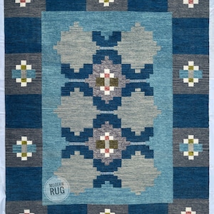 Floral Rug Scandinavian Style Handwoven Flatweave Rug Blue Kilim 6x9 Customize in all Size