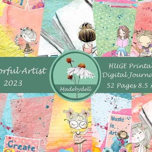May include: A digital journal kit with 52 printable pages, featuring colorful illustrations of girls and the text "Colorful Artist 2023". The pages are 8.5 x 11 inches.