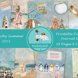 May include: A digital printable journal kit with a beach theme. The cover features a blue and green colour scheme with the text "A Beachy Summer 2023" and "Printable Digital Journal Kit 38 Pages 8.5 x 11".