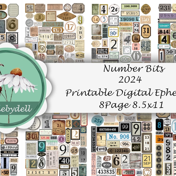 Number Bits Junk Journal Ephemera Kit, Vintage Tags, Art Stationery (Digital)