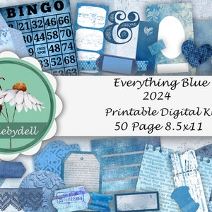 Everything Blue 50 page Junk journal kit, printable digital papers, ephemera, scrapbooking, tags, envelopes, Art, stationery, digital kit
