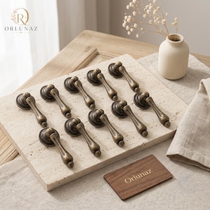 10 Antique Brass Cabinet Drawer Pull Handles, Vintage Furniture Knobs, Wardrobe Door Pulls, Wood Box Hardware, Set of 10