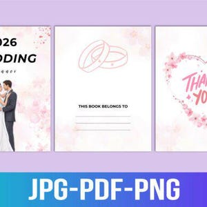 Op de afbeelding: Een trouwplanner met een zachtroze en wit ontwerp. De omslag toont een omhelzend stel, de tekst "2026 Wedding Planner" en een vlinder. De middelste pagina heeft trouwringen en ruimte om "This book belongs to" te schrijven. De laatste pagina zegt "Thank You!" in een hart.