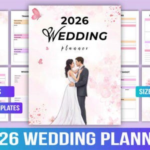Op de afbeelding: Een 2026 Wedding Planner met een zachtroze bloemendesign. De cover toont een stel dat elkaar omhelst, met de titel "2026 Wedding Planner". De planner bevat 75 pagina's met bewerkbare sjablonen en meet 21,59 x 27,94 cm.
