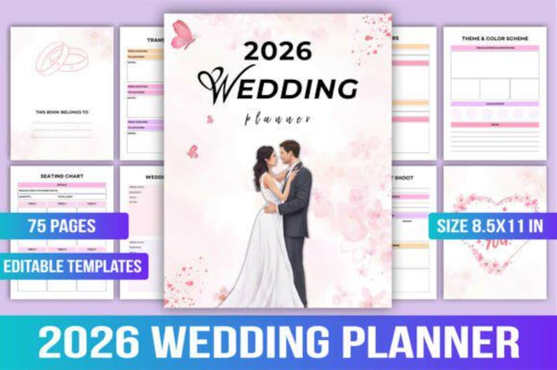 Op de afbeelding: Een 2026 Wedding Planner met een zachtroze bloemendesign. De cover toont een stel dat elkaar omhelst, met de titel "2026 Wedding Planner". De planner bevat 75 pagina's met bewerkbare sjablonen en meet 21,59 x 27,94 cm.