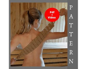 May include: A woman is holding a brown, open-weave pattern back scrubber. The image has a red circle with the text "Pdf + Video". The word "PATTERN" is written vertically on the right side of the image.