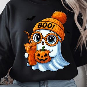 Cute Boujee Ghost PNG  Halloween Ghost with Pumpkin Drink Fall Sublimation Design for Kids Shirts Crafts