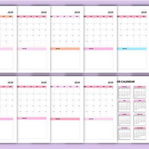 Op de afbeelding: Een verzameling 2026-kalenders met maandelijkse lay-outs en een jaaroverzicht. Elke kalenderpagina heeft een witte achtergrond met roze, oranje en blauwe accenten. De kalenders zijn ontworpen voor planning en notities.