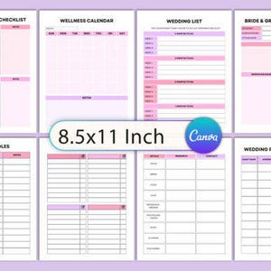 Op de afbeelding: Een set van acht afdrukbare pagina's voor een huwelijksplanner in roze en paars, inclusief checklists, kalenders en gastenlijsten. De pagina's zijn 21,6 x 27,9 cm en ontworpen met Canva.