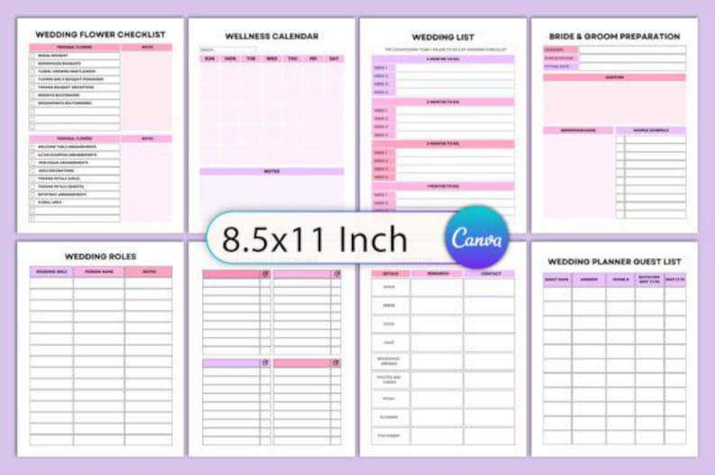 Op de afbeelding: Een set van acht afdrukbare pagina's voor een huwelijksplanner in roze en paars, inclusief checklists, kalenders en gastenlijsten. De pagina's zijn 21,6 x 27,9 cm en ontworpen met Canva.