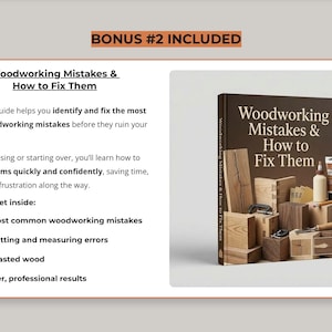 May include: A book titled "Woodworking Mistakes & How to Fix Them" with a brown cover. The book is surrounded by various woodworking tools and wooden blocks. Text on the cover includes the title and author. The image also includes text about the book's contents.