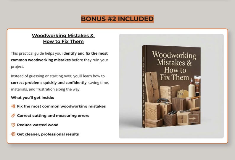 May include: A book titled "Woodworking Mistakes & How to Fix Them" with a brown cover. The book is surrounded by various woodworking tools and wooden blocks. Text on the cover includes the title and author. The image also includes text about the book's contents.