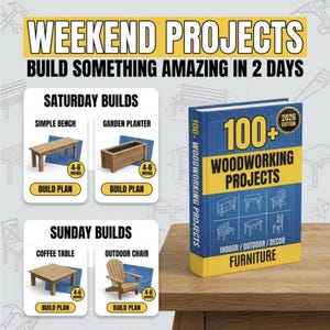 May include: A book titled "100+ Woodworking Projects" with a blue cover and yellow accents. The book is next to images of woodworking projects, including a bench, planter, coffee table, and outdoor chair. The text "Weekend Projects" is at the top.