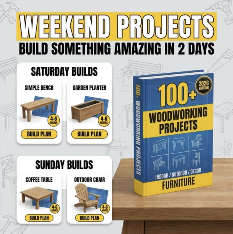 May include: A book titled "100+ Woodworking Projects" with a blue cover and yellow accents. The book is next to images of woodworking projects, including a bench, planter, coffee table, and outdoor chair. The text "Weekend Projects" is at the top.