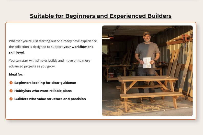 May include: A wooden picnic table with attached benches is displayed in a workshop setting. The text "Suitable for Beginners and Experienced Builders" is at the top. A man stands behind the table holding plans.