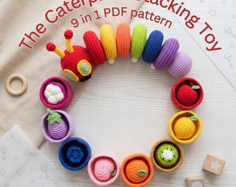 May include: A colorful crochet caterpillar stacking toy with the text "The Caterpillar Stacking Toy 9 in 1 PDF pattern". The toy includes a red caterpillar head and body segments in various colors, along with crochet fruit and vegetable shapes.