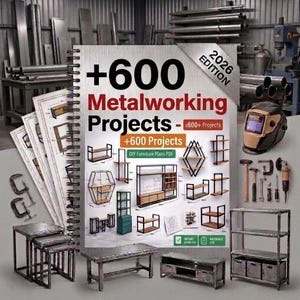 Pode incluir: Um livro de espiral intitulado 2026 Edition +600 Metalworking Projects com ilustrações de móveis, acompanhado de peças de mobiliário metálico, grampos, uma máscara de soldar e ferramentas manuais sobre uma superfície.