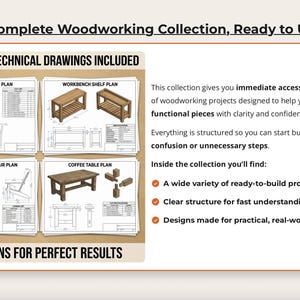 May include: A complete woodworking collection with technical drawings. Includes plans for a garden bench, workbench shelf, Adirondack chair, and coffee table. Text reads: "A Complete Woodworking Collection, Ready to Use."