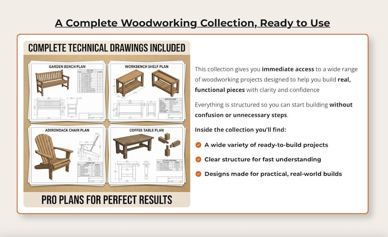 May include: A complete woodworking collection with technical drawings. Includes plans for a garden bench, workbench shelf, Adirondack chair, and coffee table. Text reads: "A Complete Woodworking Collection, Ready to Use."