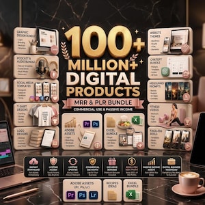 May include: A digital marketing graphic titled 100 Million Plus Digital Products MRR and PLR Bundle. It features beige rectangular panels displaying icons and text for graphic design, website themes, podcast, social media, and fitness assets.