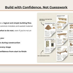May include: An image with the text "Build with Confidence, Not Guesswork." It shows illustrated woodworking plans for various projects, including a workbench, flower boxes, an oval table, and an outdoor chair. The plans include measurements in inches and centimeters.